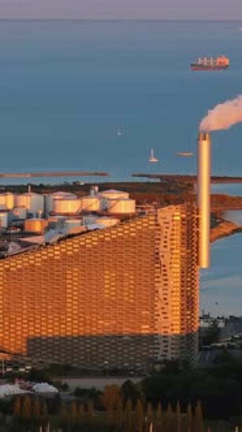 Aerial drone view of Amager Bakke in Amager, Copenhagen Denmark. Vertical