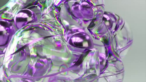 Closeup of Iridescent Soap Bubbles in 3D Animation with Intricate Reflections and Translucent Swirls