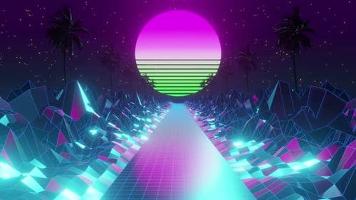Animated Retro Synthwave Digital Landscape Journey