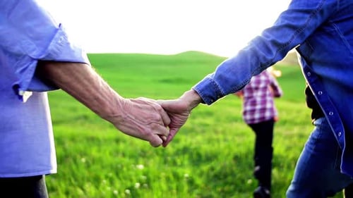 Couple Holding Hands in Field with Child Running