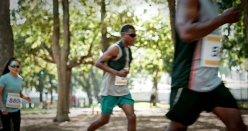 Sports, marathon and people outdoor running for race, endurance challenge and fitness event