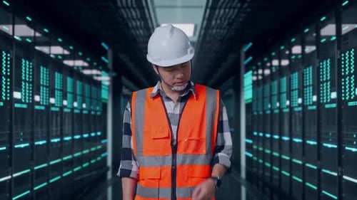 Un ingénieur asiatique a mal à la tête en travaillant dans un centre de données