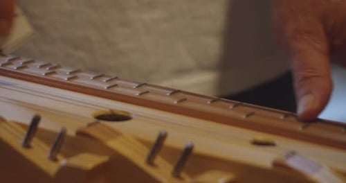 Mains de musicien masculin jouant de la cithare en gros plan.