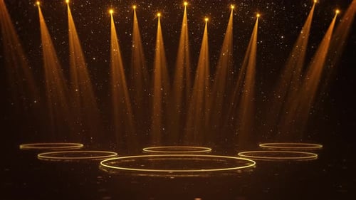 Dramatic Golden Spotlights Shining Stage Sparkling Particles Glowing Circles Luxurious Cinematic