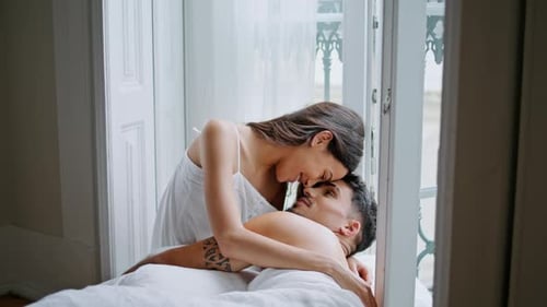 Enamoured Newlyweds Cuddling Open Windows Place Closeup Love Couple Embracing