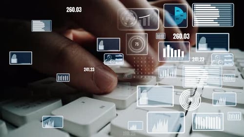 Moderne Technologiedatenvisualisierung mit Finger auf der Tastatur und überlagerten digitalen Grafiken und Metriken