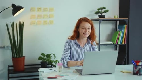 Close Up Beautiful Young Businesswoman Use Laptop Look at Monitor at Office Computer Workplace