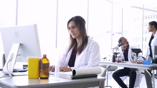 Mature woman scientist works with colleagues at computer in science laboratory