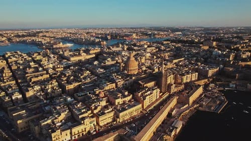 Aerial view of La Valletta downtown at sunset in Malta.