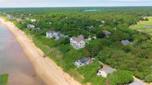 Aerial Orbit of Cape Cod Beach House and Dunes