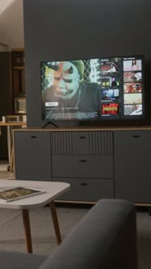 TV Set with Streaming App Menu and Trailer of Sci-Fi Thriller