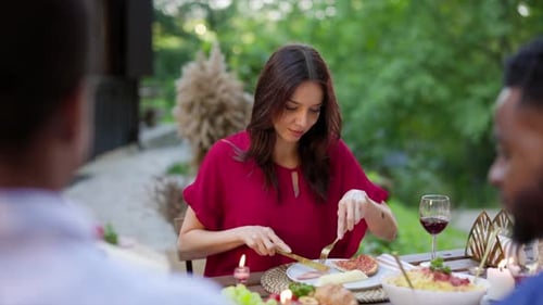 Friends Celebrating with Food and Wine Outdoors