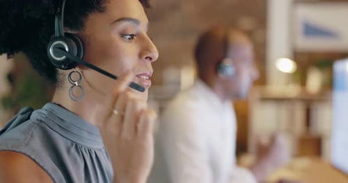 Call center, woman and face talking in office on computer, customer service help