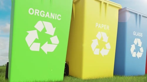 Close-up view to multi colored trash cans on the grass and against green field 4k