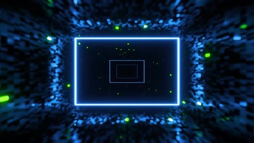 Futuristic Neon Tunnel with Green Digital Squares