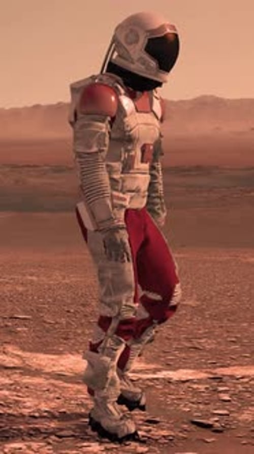 Astronaut in white space suit walking on Mars red desert landscape.