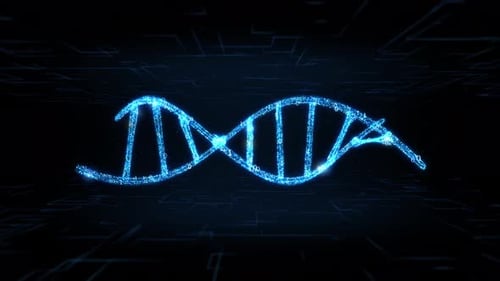 4K Futuristic digital abstract hologram of a DNA helix strand with flashing data nodes & binary code