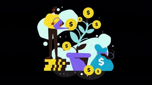 Person, die Geld spart, Geldbaum, Geldbaum, Früchte des Sparens, Geld investieren, Animation 4k auf Alpha