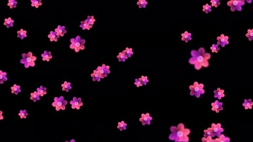 Abstract Motion Background Falling Digital Pink And Purple Flowers On Black
