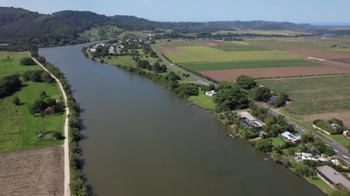 Fields, Road And The Tweed River In New South Wales, Australia - Aerial Drone Shot