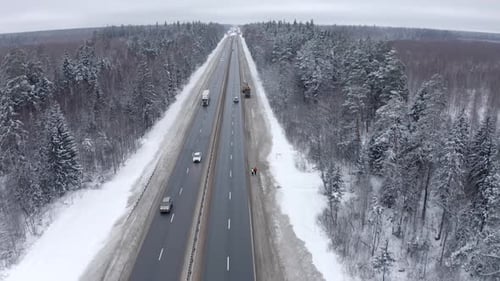 The car drives along the highway among snow-covered trees