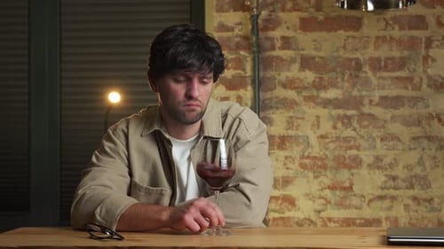 Sad Man Complains and Drinks Wine Alone at Home