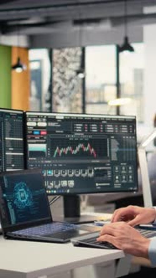 Vertical Video Day Trader in Office Leverages AI Analytics to Interpret Candlestick Charts