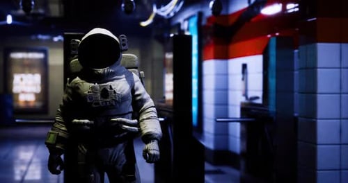 Astronaut Stands in Futuristic Subway Station with Neon Lights