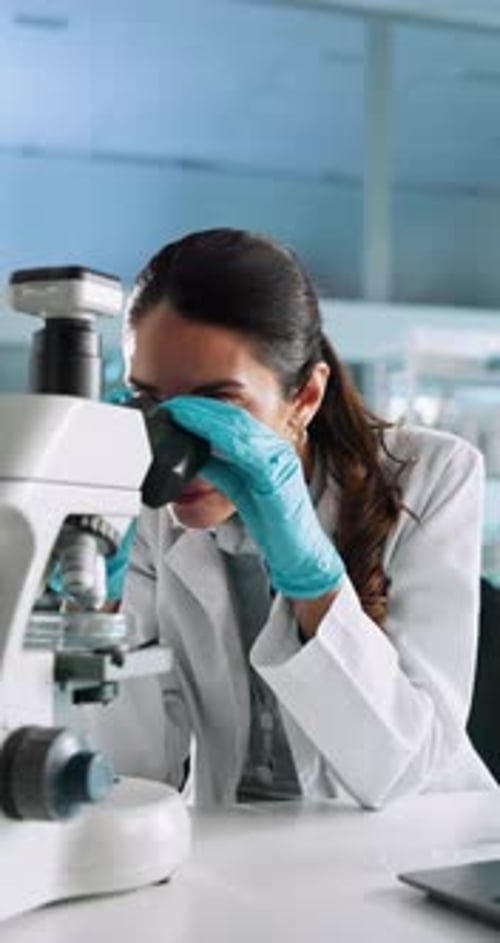 Woman Analyzes Sample With Microscope in Lab