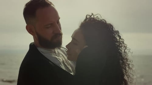 Couple Flirt Beach On Romantic Date. Mixed Race Lovely People Touch Curly Hair By Nature Sea Shor...