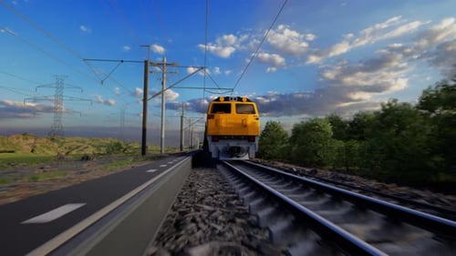 3D Animated Train Moving on Railway Tracks in Nature