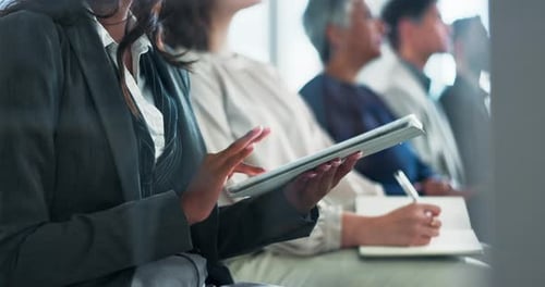 Business, woman and hands with tablet in conference meeting for workshop