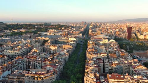 Aerial view of Barcelona City Skyline at sunrise. Plaça d'Espanya (Plaza España)