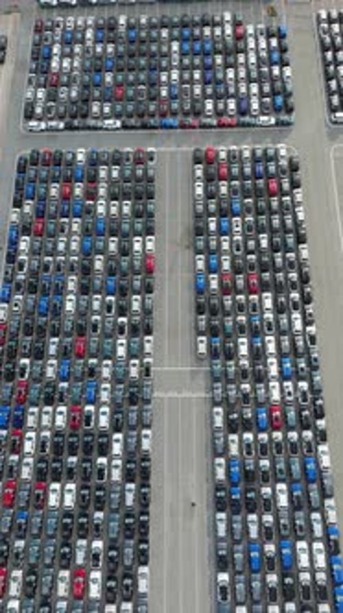 New Cars on Parking Lot in Port Aerial High Angle Overhead View Vertical Video