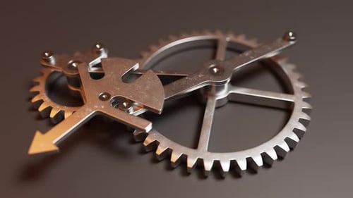 Loop-Animation einer mechanischen Struktur aus Metallzahnrädern.