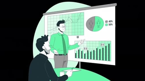 Two men reviewing gender-based statistics, analyzing graphs on alpha channel