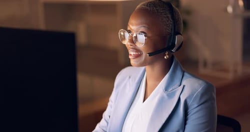 Call center, customer service and winner with a black woman consultant giving 24 hour support