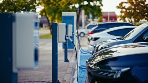 Electric cars recharging at the charging station. ev charging station. slow motion. 4K