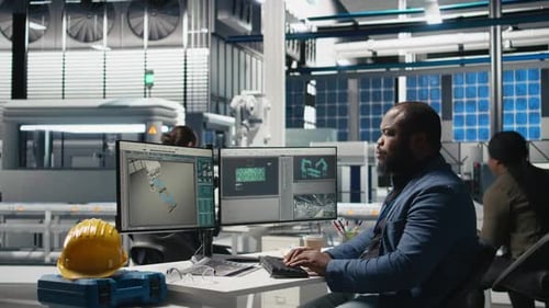 Schwarzer Berater für alternative Energien, der den Betrieb einer Solartechnikanlage abwickelt