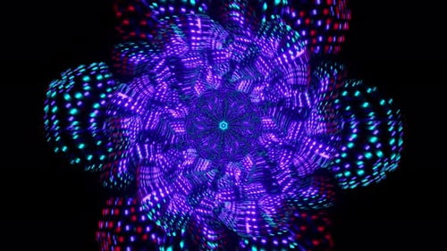 Violettes Kaleidoskop Vortex VJ Loop mit leuchtenden cyanfarbenen Blütenblättern und pulsierendem Zentrum