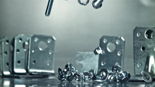 Falling Nuts Bolts and Washers on a Metal Table Filmed on a Highspeed Camera at 1000 Fps