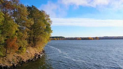 River beautiful landscapes aerial view. Natural outdoor autumn drone scenery.