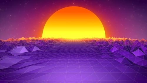 Abstract purple blue retro landscape in old 80s, 90s style with road rocks mountains and sun