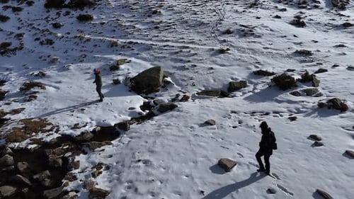Drone footage of two people walking in the snow near a mountain lake