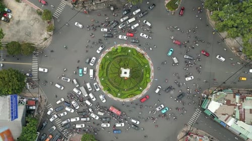 Aerial View of Morning Traffic at a Roundabout in Ho Chi Minh City Vietnam