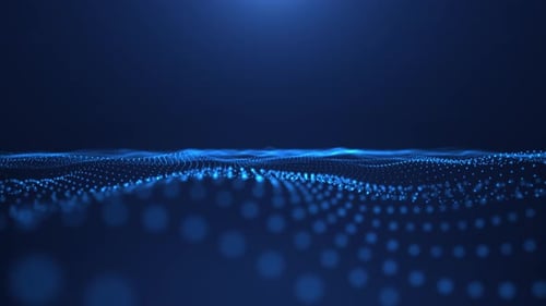 Une onde lumineuse abstraite provenant de particules et de points se déplace sur un fond bleu, visualisation de données volumineuses