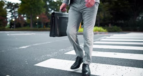 Legs, city and business person on crosswalk, travel or search for direction