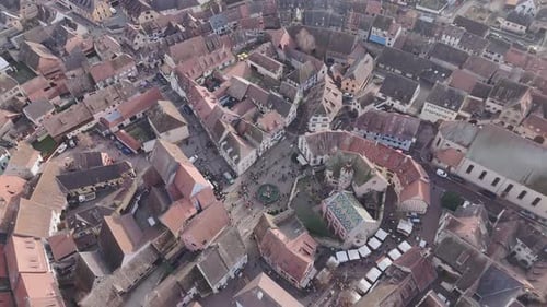 Aerial view of Eguisheim buildings and church, France.