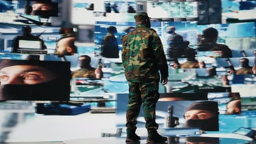 Futuristic Military Leader Overseeing Battlefield Intelligence