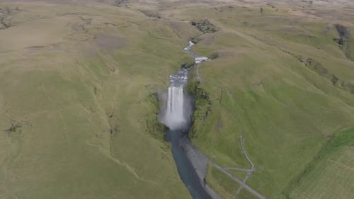 Aerial view of Skogafoss waterfall, Iceland by drone
